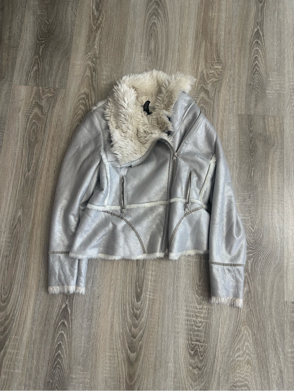 Silver Faux Shearling asymmetrical Zip Jacket